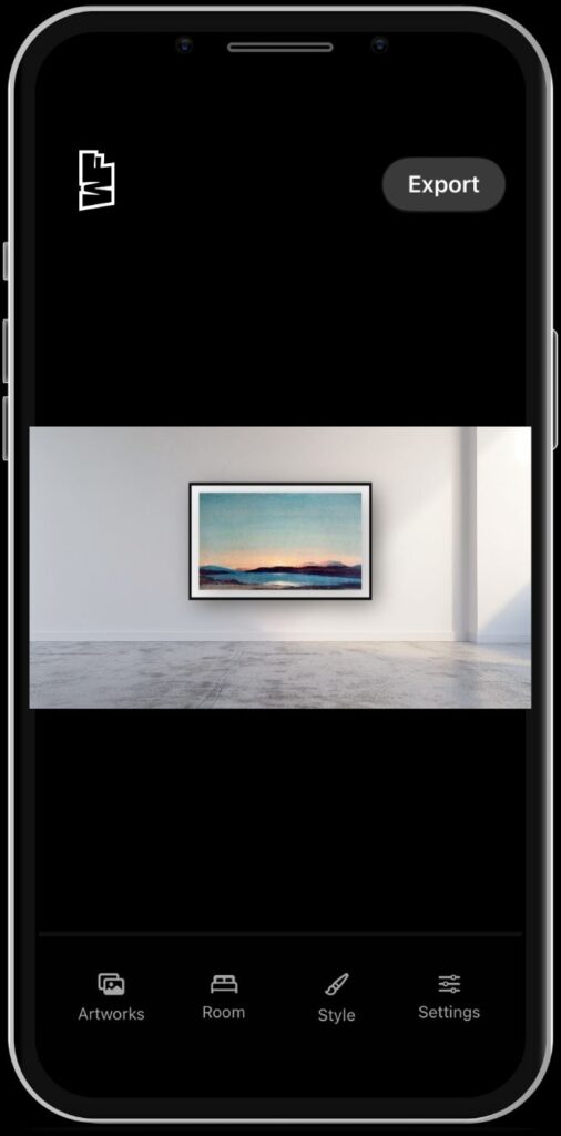 App loading screen for an artwork mockup generator, featuring digital artwork displayed in realistic device frames with in-app settings and UI previewed.