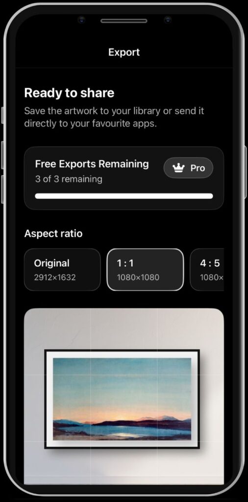 App loading screen for an artwork mockup generator, featuring digital artwork displayed in realistic device frames with in-app settings and UI previewed.