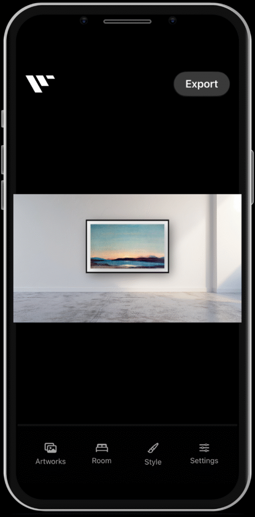 App loading screen for an artwork mockup generator, featuring digital artwork displayed in realistic device frames with in-app settings and UI previewed.